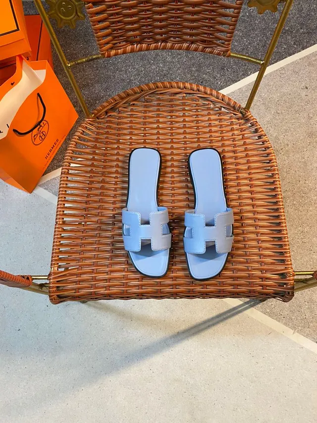 Hermès Oran Light Blue and Silver H-Strap Slippers 5