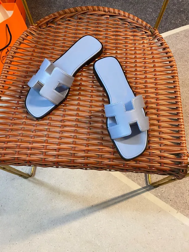 Hermès Oran Light Blue and Silver H-Strap Slippers 6