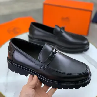Hermès Oran Loafer Black Leather H-Buckle Lug Sole Loafers