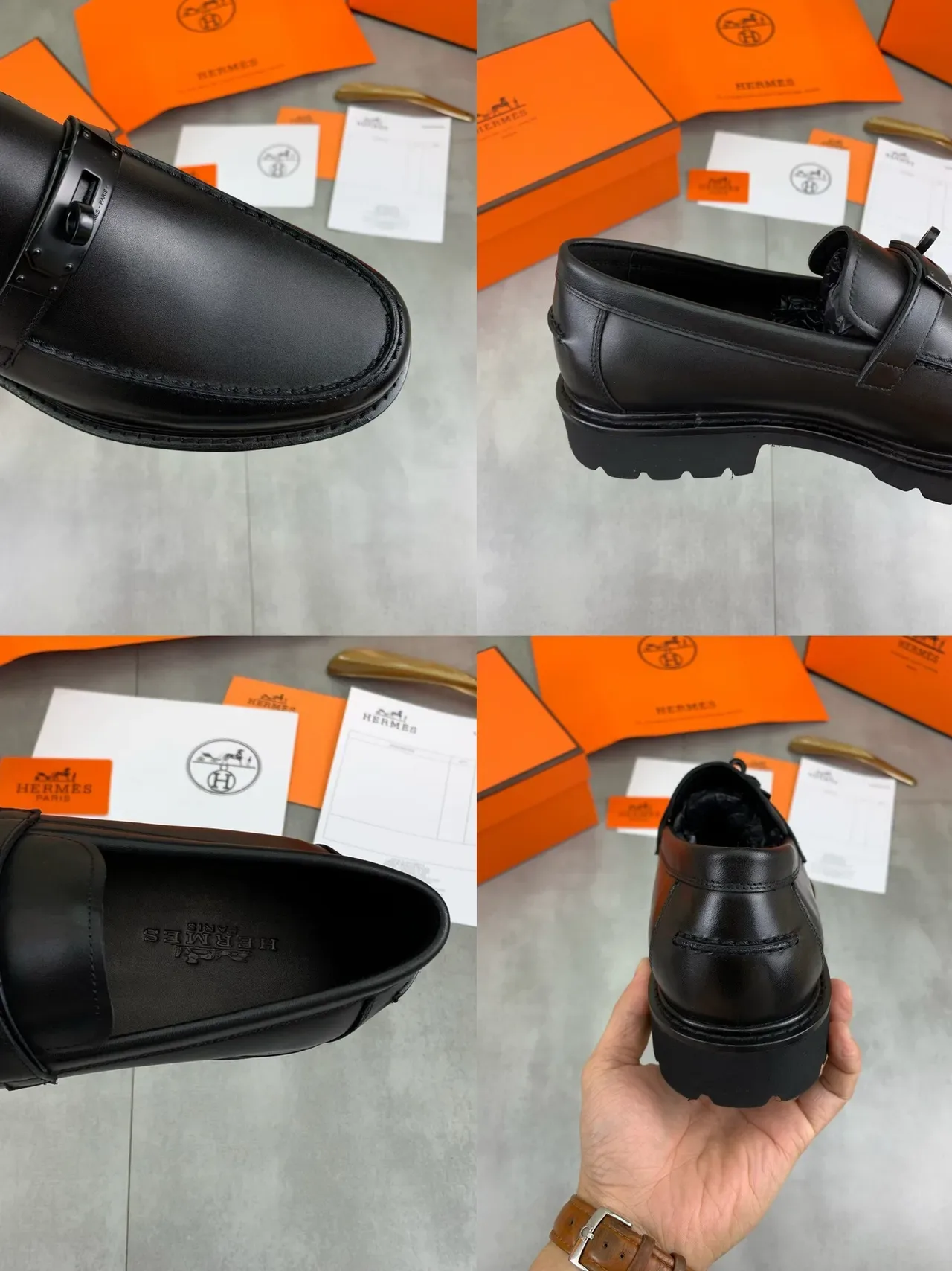 Hermès Oran loafer cuir noir H-Buckle semelle lug loafer 2