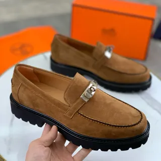 Hermès Oran Loafer Brown Black Suede Upper H-Shaped Metal Buckle Loafer