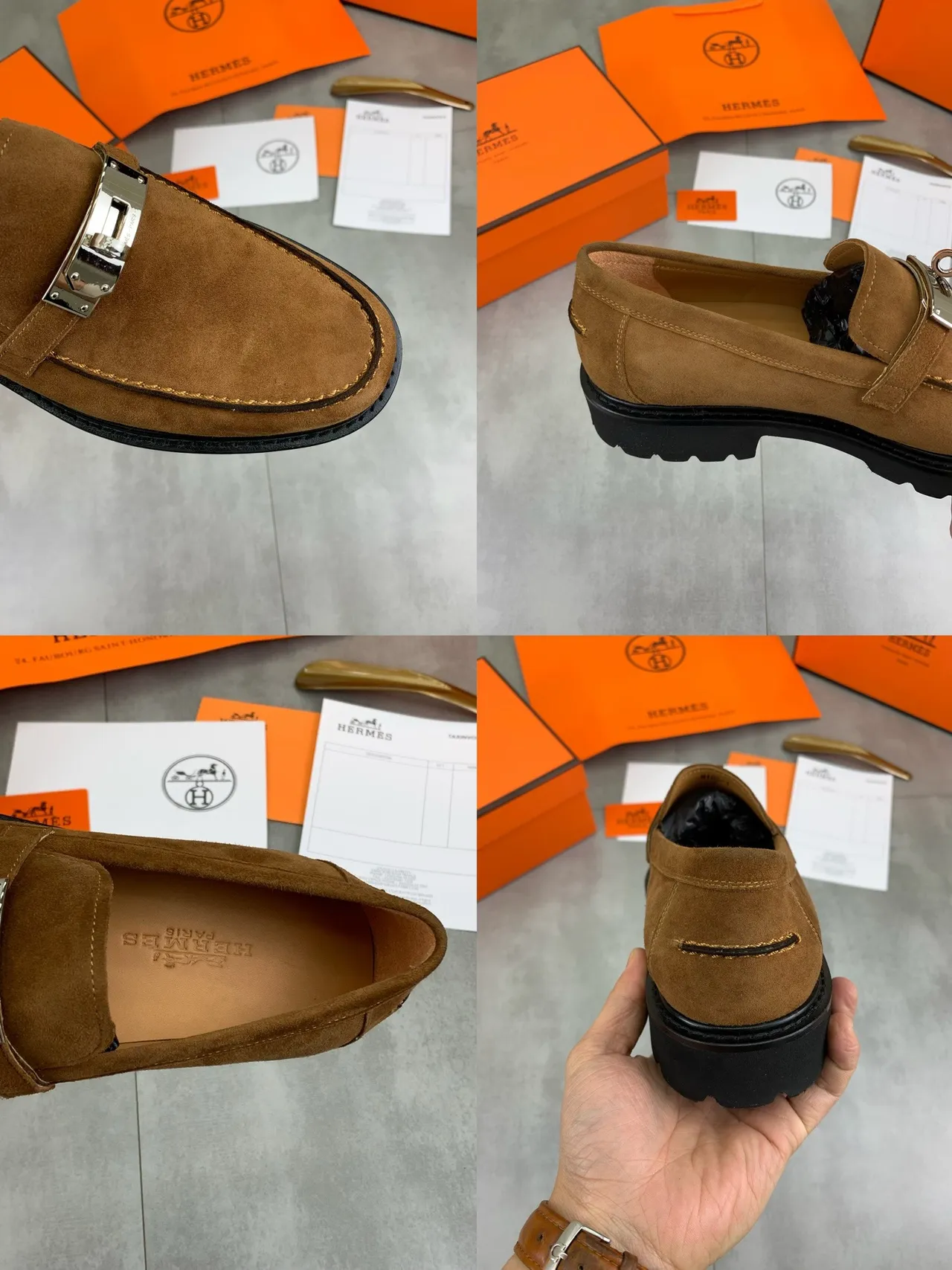 Hermès Oran Loafer Marron Noir Suède Supérieur Boucle Métal en Forme de H Loafer 3