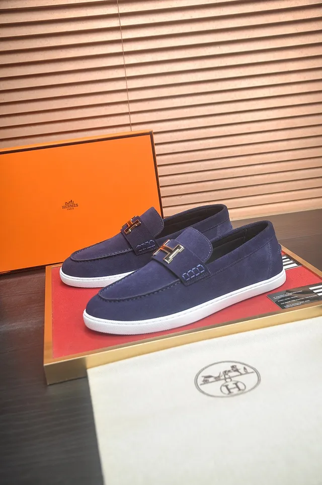 Hermès Oran Navy White Suede Upper Contrast Sole Loafer 3