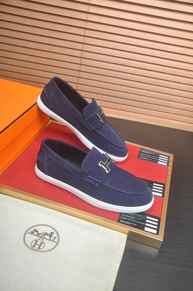 Hermès Oran Navy White Suede Upper Contrast Sole Loafer 6