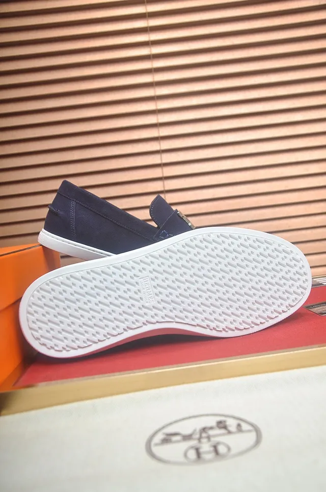 Hermès Oran Navy White Suede Upper Contrast Sole Loafer 7