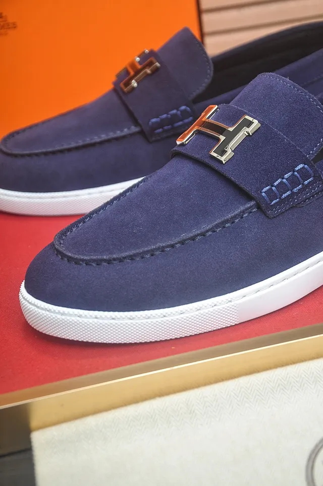 Hermès Oran Navy White Suede Upper Contrast Sole Loafer 8