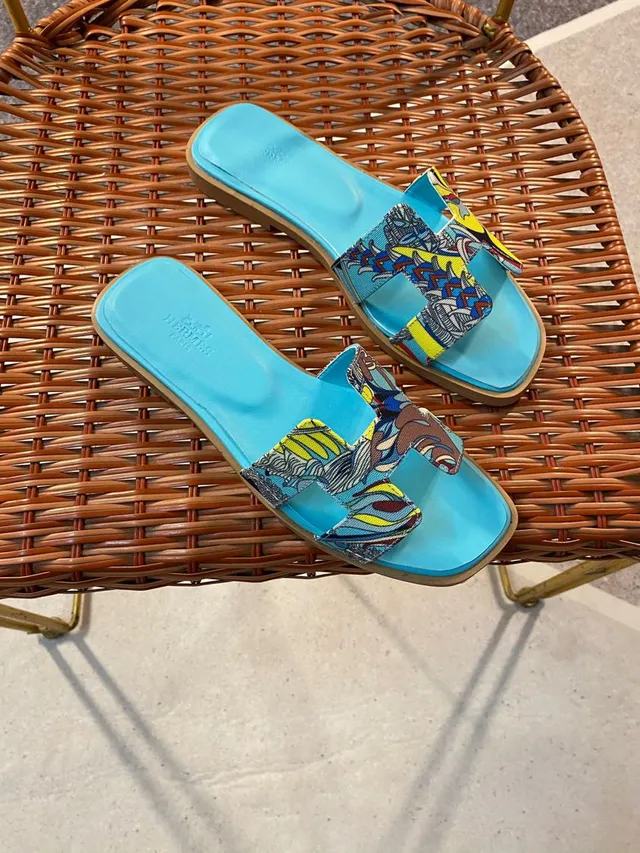 Hermès Oran Slide Bright Blue Multicolor Printed Fabric Slippers 1