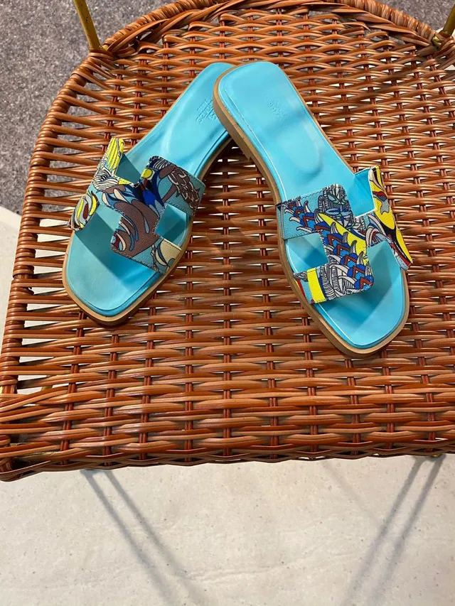 Hermès Oran Slide Bright Blue Multicolor Printed Fabric Slippers 6
