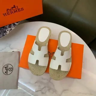 Hermès Oran White Leather H-Strap Espadrille Slippers