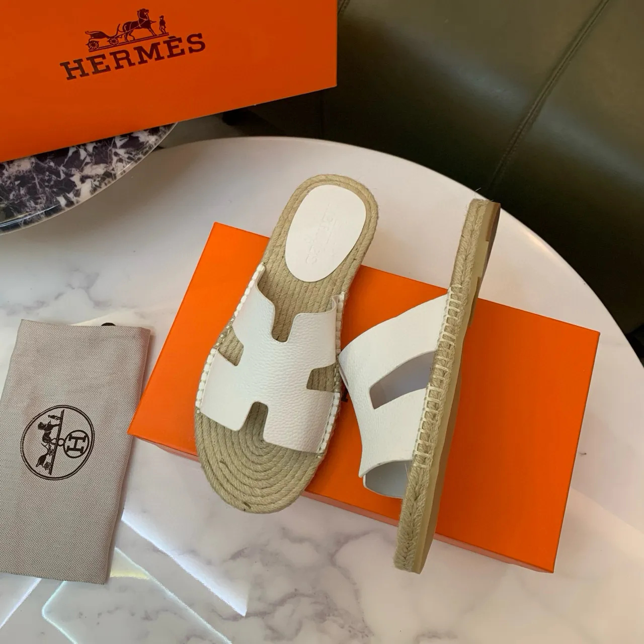 Hermès Oran White Leather H-Strap Espadrille Slippers 2