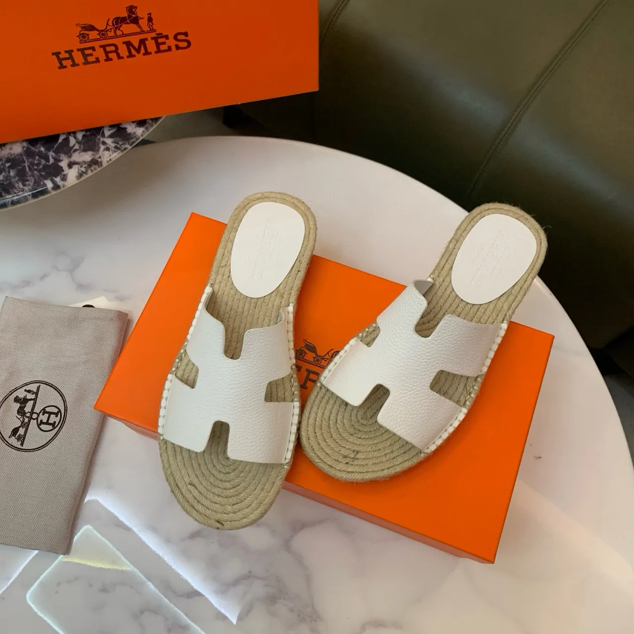 Hermès Oran White Leather H-Strap Espadrille Slippers 3