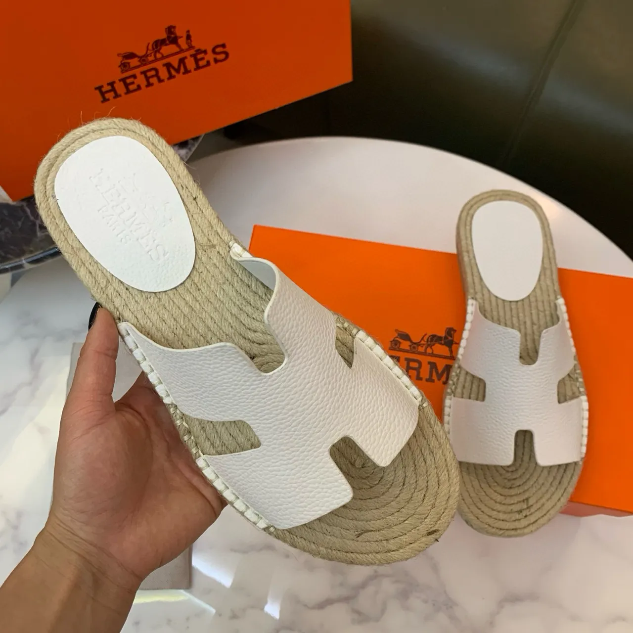 Hermès Oran White Leather H-Strap Espadrille Slippers 4