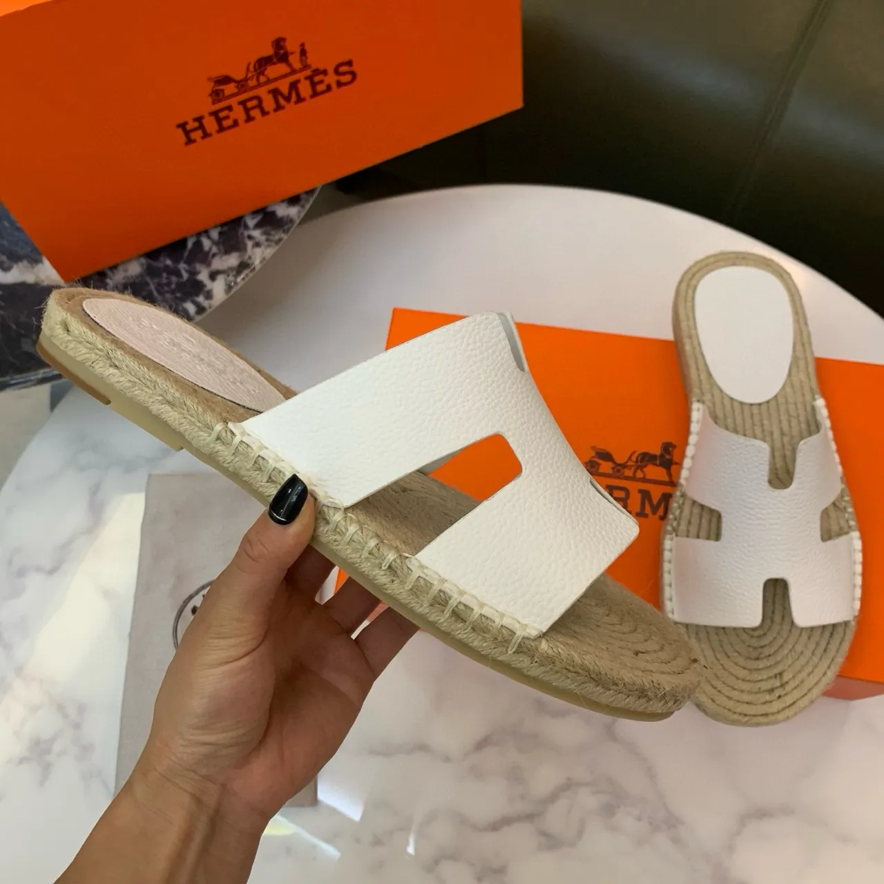 Hermès Oran White Leather H-Strap Espadrille Slippers 5