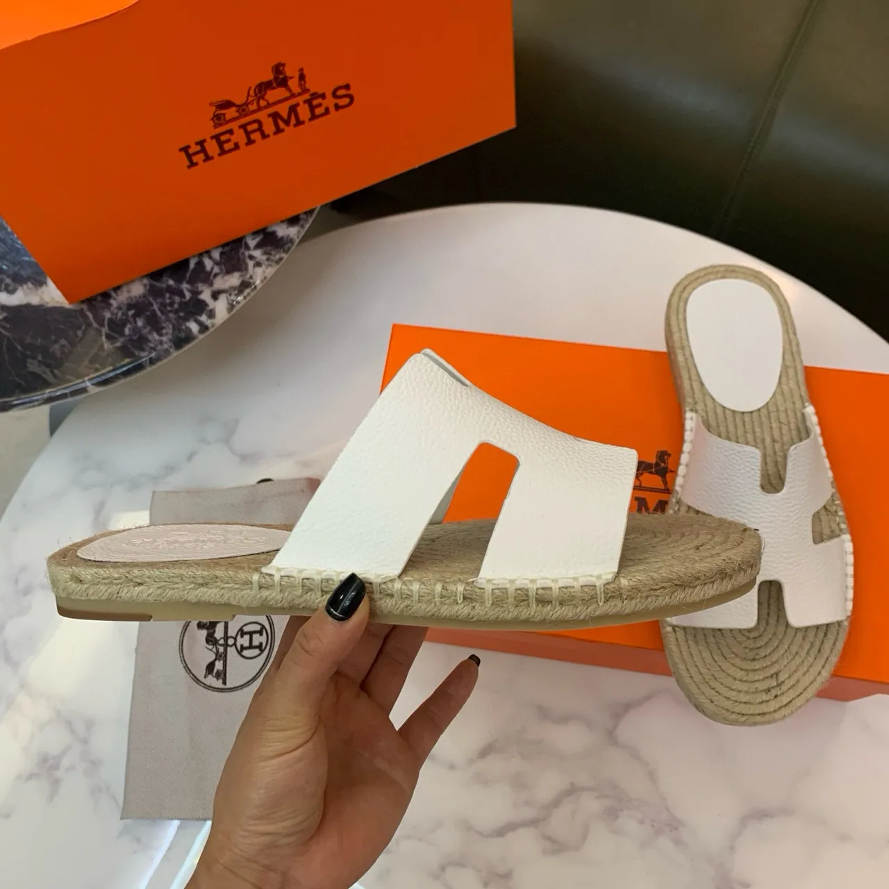 Hermès Oran White Leather H-Strap Espadrille Slippers 6
