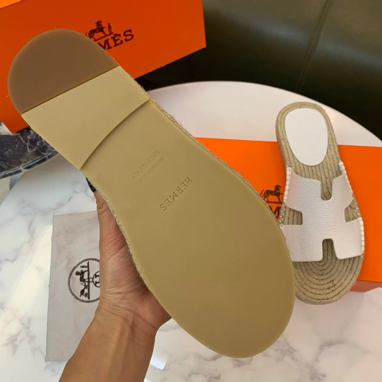 Hermès Oran White Leather H-Strap Espadrille Slippers 7