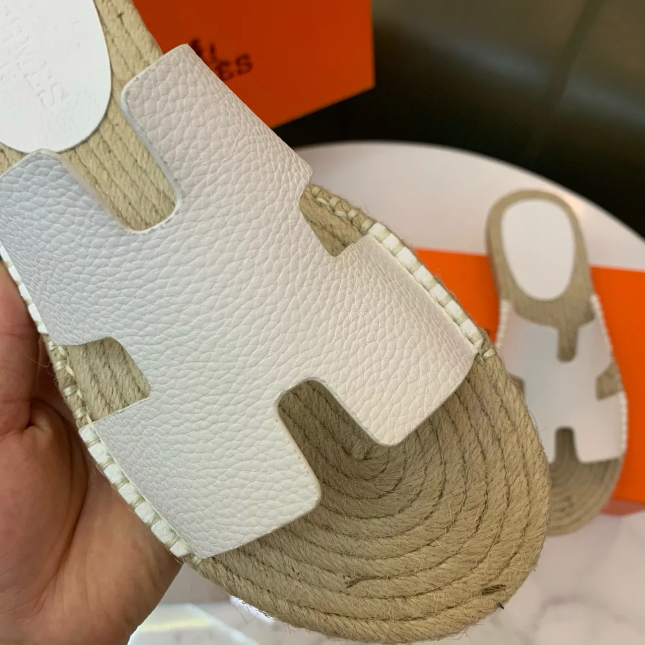 Hermès Oran White Leather H-Strap Espadrille Slippers 8
