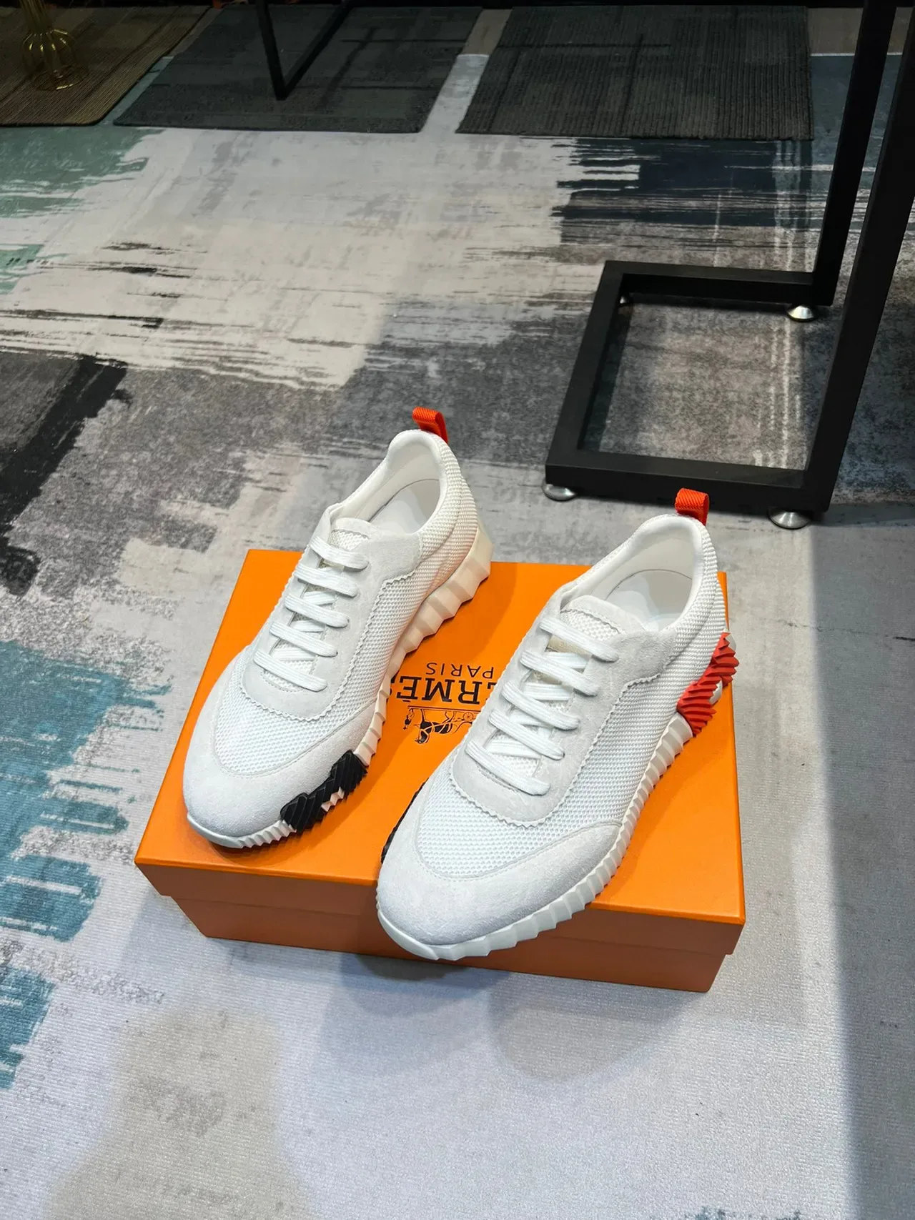 Hermès Blanc Orange Maillé et Daim Tige Sculptée Ranurée Mediola Sneakers Lifestyle 5
