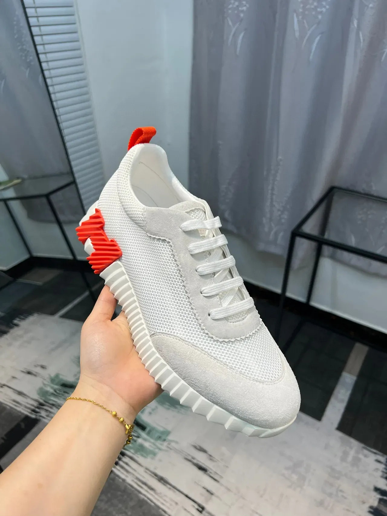 Hermès Blanc Orange Maillé et Daim Tige Sculptée Ranurée Mediola Sneakers Lifestyle 6