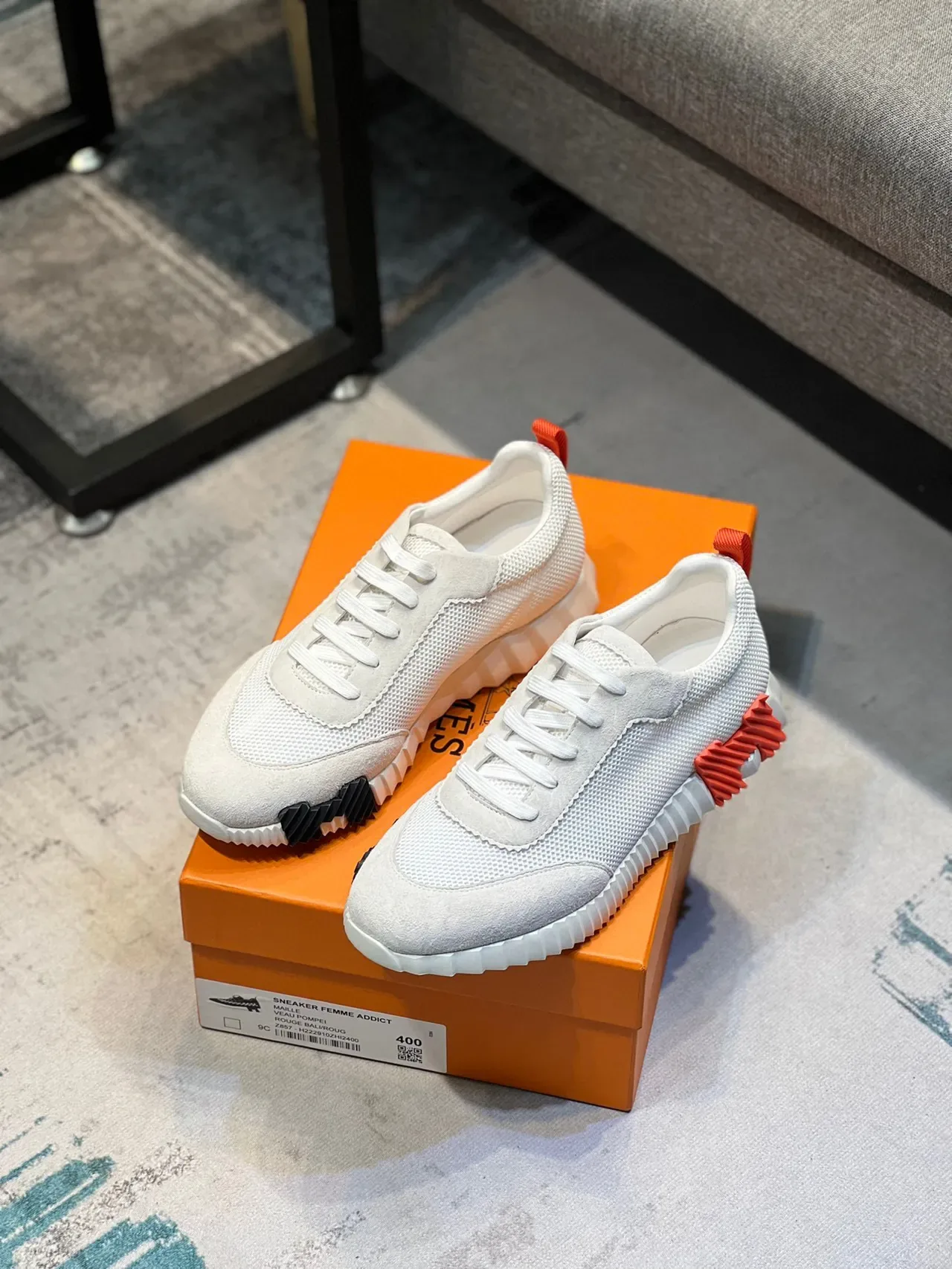 Hermès Blanc Orange Maillé et Daim Tige Sculptée Ranurée Mediola Sneakers Lifestyle 7