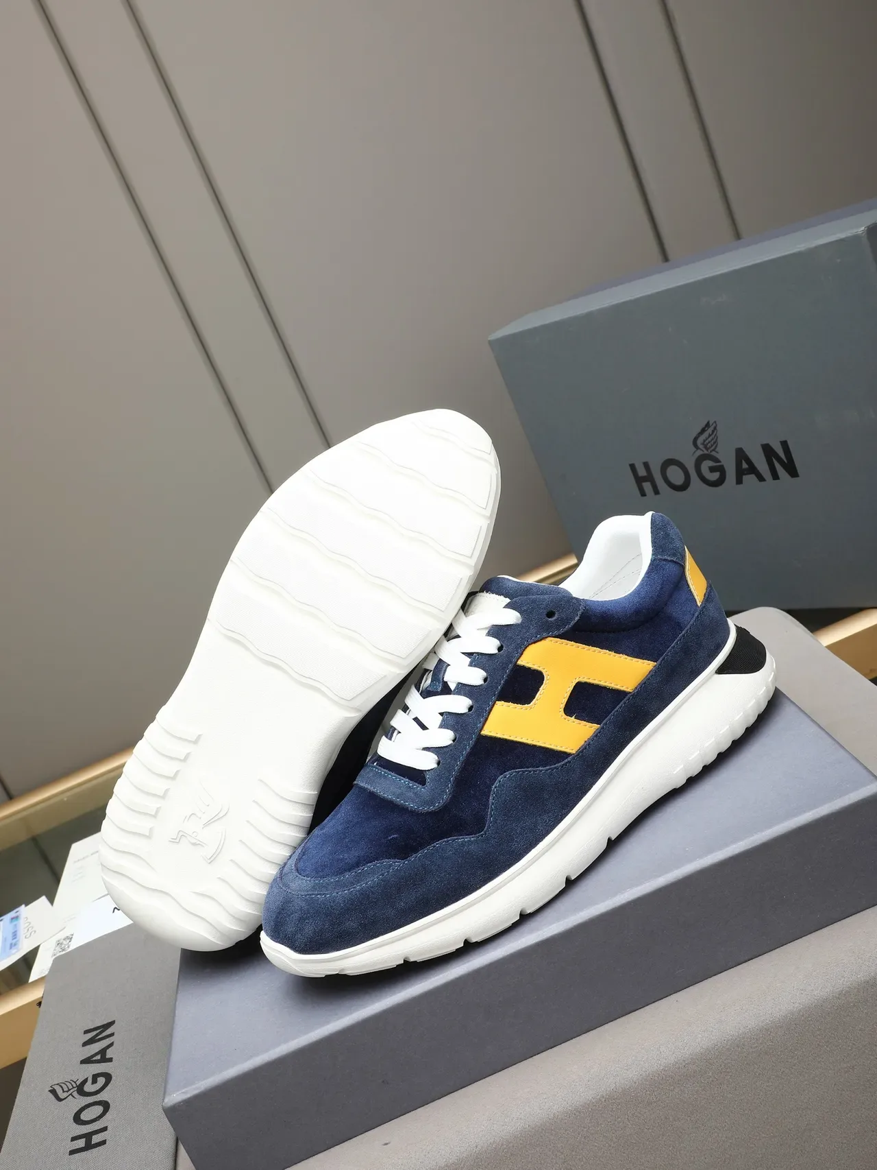 Hogan H-Series Navy and Yellow Suede Lifestyle Sneaker 4