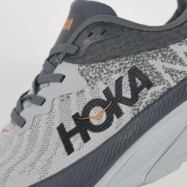 Hoka Gray Orange Engineered Knit Upper Maximalist Cushioned Midsole Running Shoes 6