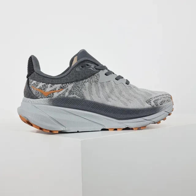 Hoka Gray Orange Engineered Knit Upper Maximalist Cushioned Midsole Running Shoes 7