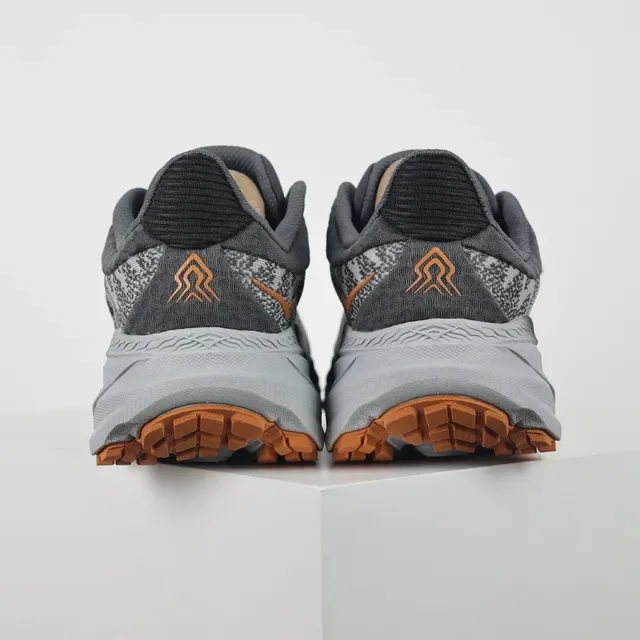 Hoka Gray Orange Engineered Knit Upper Maximalist Cushioned Midsole Running Shoes 8