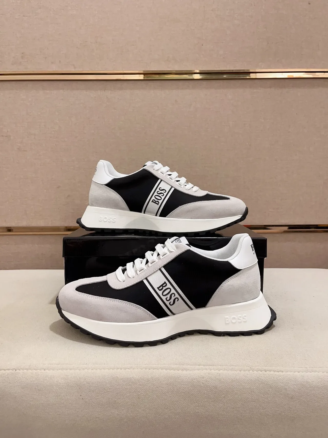 Hugo Boss Black Beige Low-Top Suede-and-Textile Upper Sneakers 7