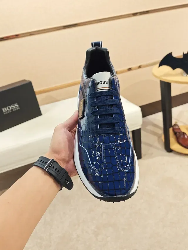 Hugo Boss Blue White Glossy Croc-Embossed Patent Leather Upper Chunky Midsole Sneakers 5