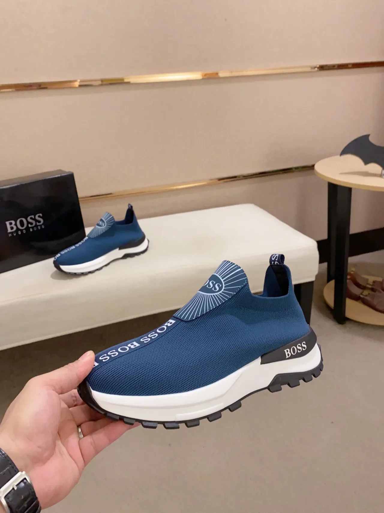 Hugo Boss Navy White Slip-On Knit Upper Sculpted Midsole Lifestyle Sneakers 2
