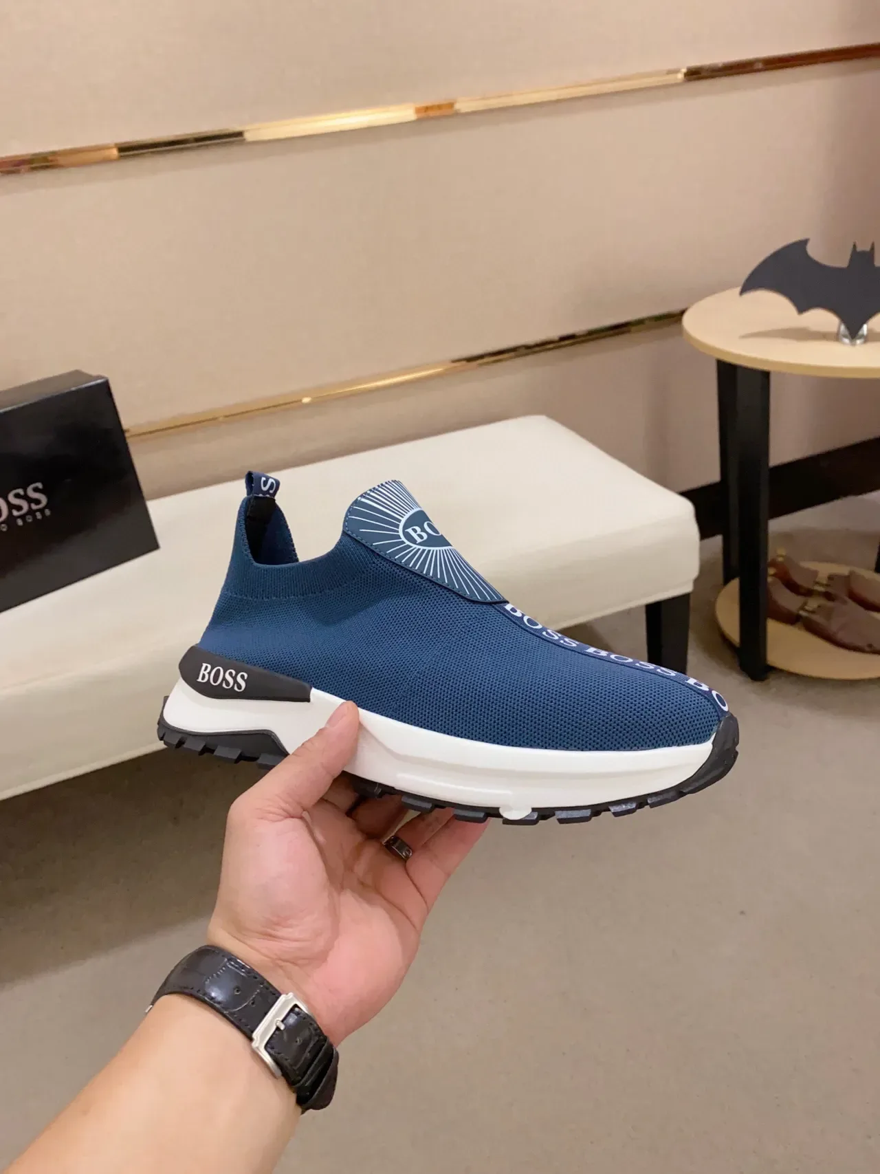 Hugo Boss Navy White Slip-On Knit Upper Sculpted Midsole Lifestyle Sneakers 8