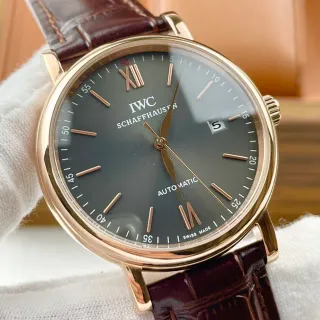 IWC Portofino Automatic Dark Gray Dial Rose Gold Case Brown Leather Strap Mechanical Watch
