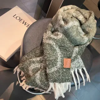 Loewe Verde Beige Texturizado Bouclé Tejido Moteado Cachemira Bufanda