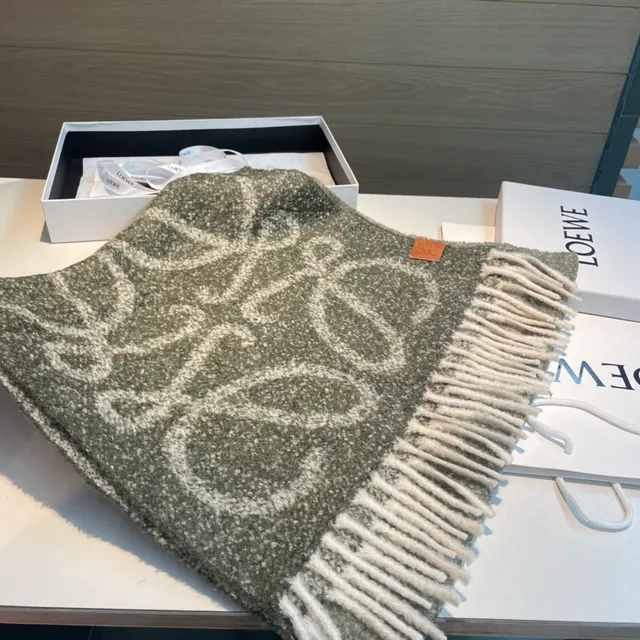 Loewe Vert Beige Texturé Bouclé Tricot Moteux Cachemire Écharpe 7