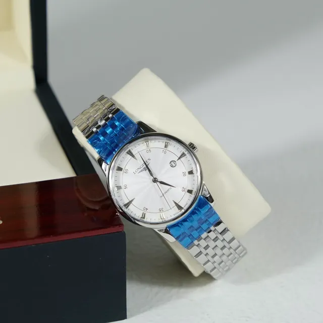 Longines Prata Branco Aço Inoxidável Caixa Dial Sunburst Relógio Mecânico 3