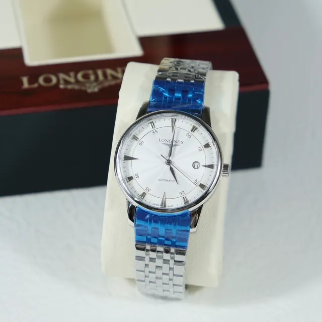 Longines Prata Branco Aço Inoxidável Caixa Dial Sunburst Relógio Mecânico 6