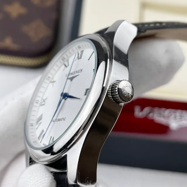 Longines Blanc Noir Argenté Acier Inoxydable Boîtier Cadran Guilloché Montre Mécanique 4