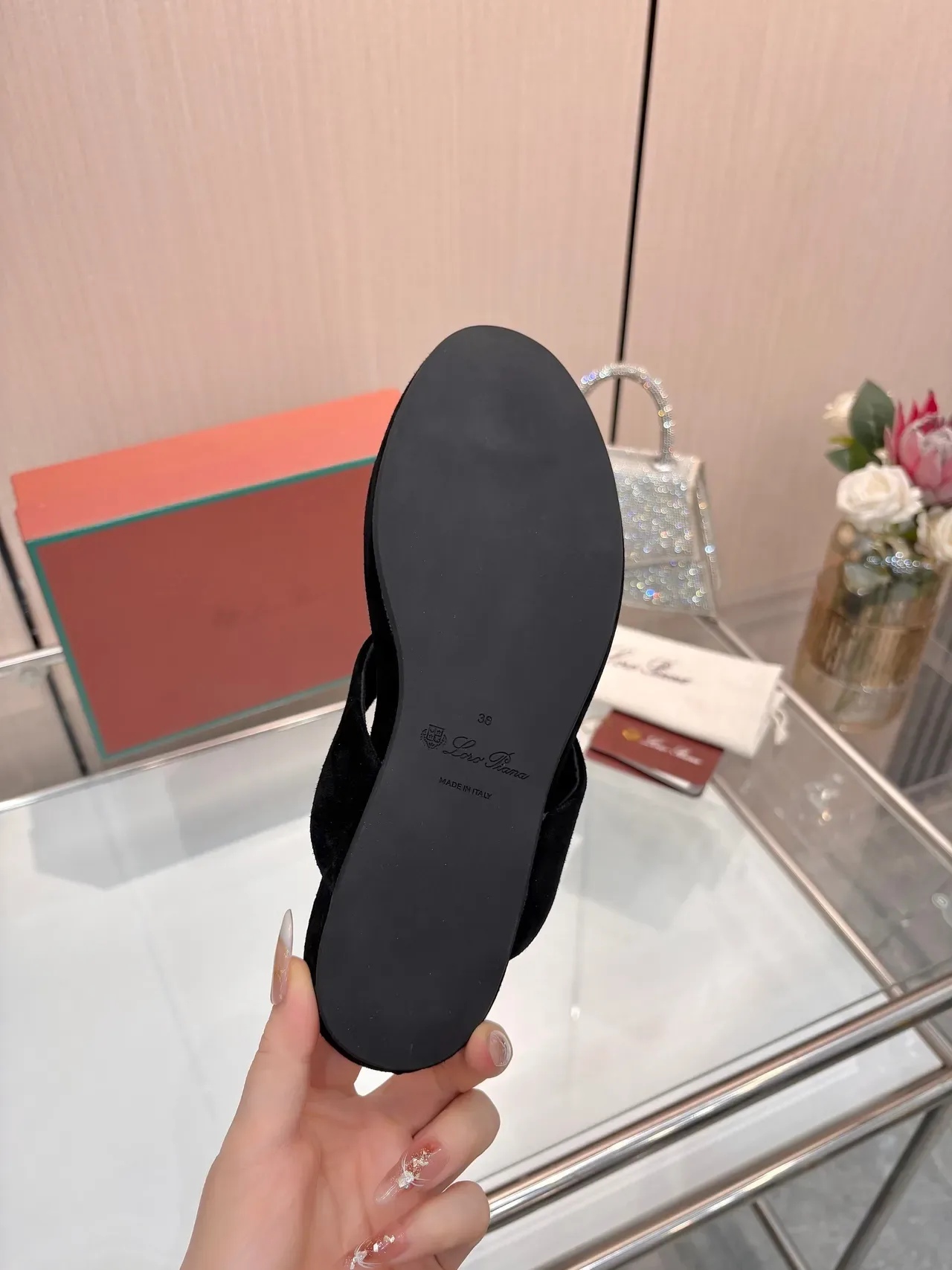 Loro Piana Black Velvet Thong Slide Slippers 2
