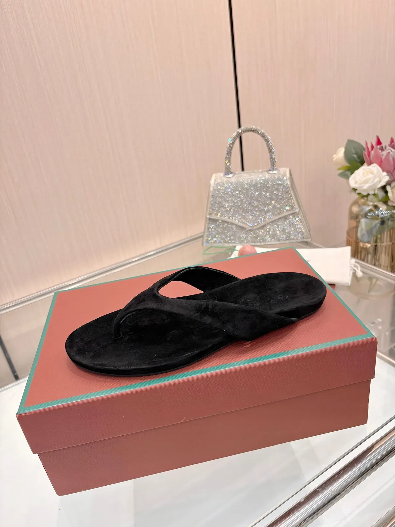 Loro Piana Black Velvet Thong Slide Slippers 3