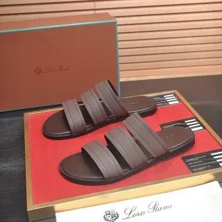 Loro Piana Brown Three-Strap Molded Sole Slippers