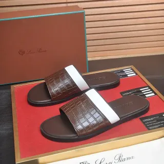 Loro Piana Croc-Embossed Two-Tone Strap Slippers