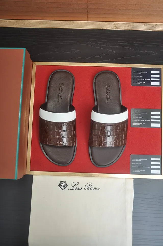 Loro Piana Croc-Embossed Two-Tone Strap Slippers 2