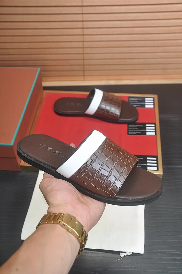 Loro Piana Croc-Embossed Two-Tone Strap Slippers 3