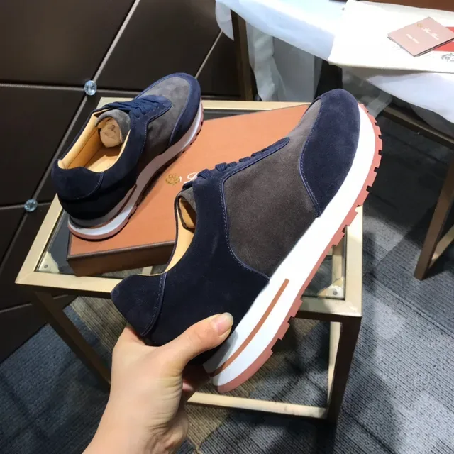 Loro Piana Tênis Minimalistas Runner Estilo de Vida de Camurça bicolor Navy Marrom 2