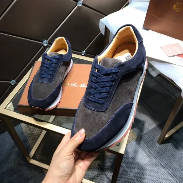 Loro Piana Tênis Minimalistas Runner Estilo de Vida de Camurça bicolor Navy Marrom 4