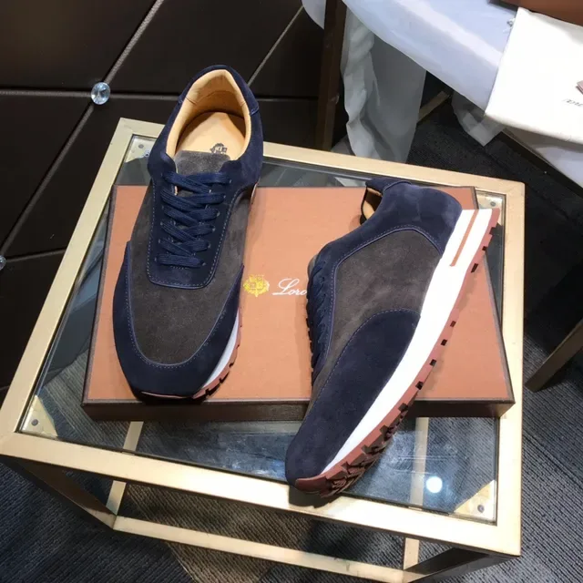 Loro Piana Tênis Minimalistas Runner Estilo de Vida de Camurça bicolor Navy Marrom 8