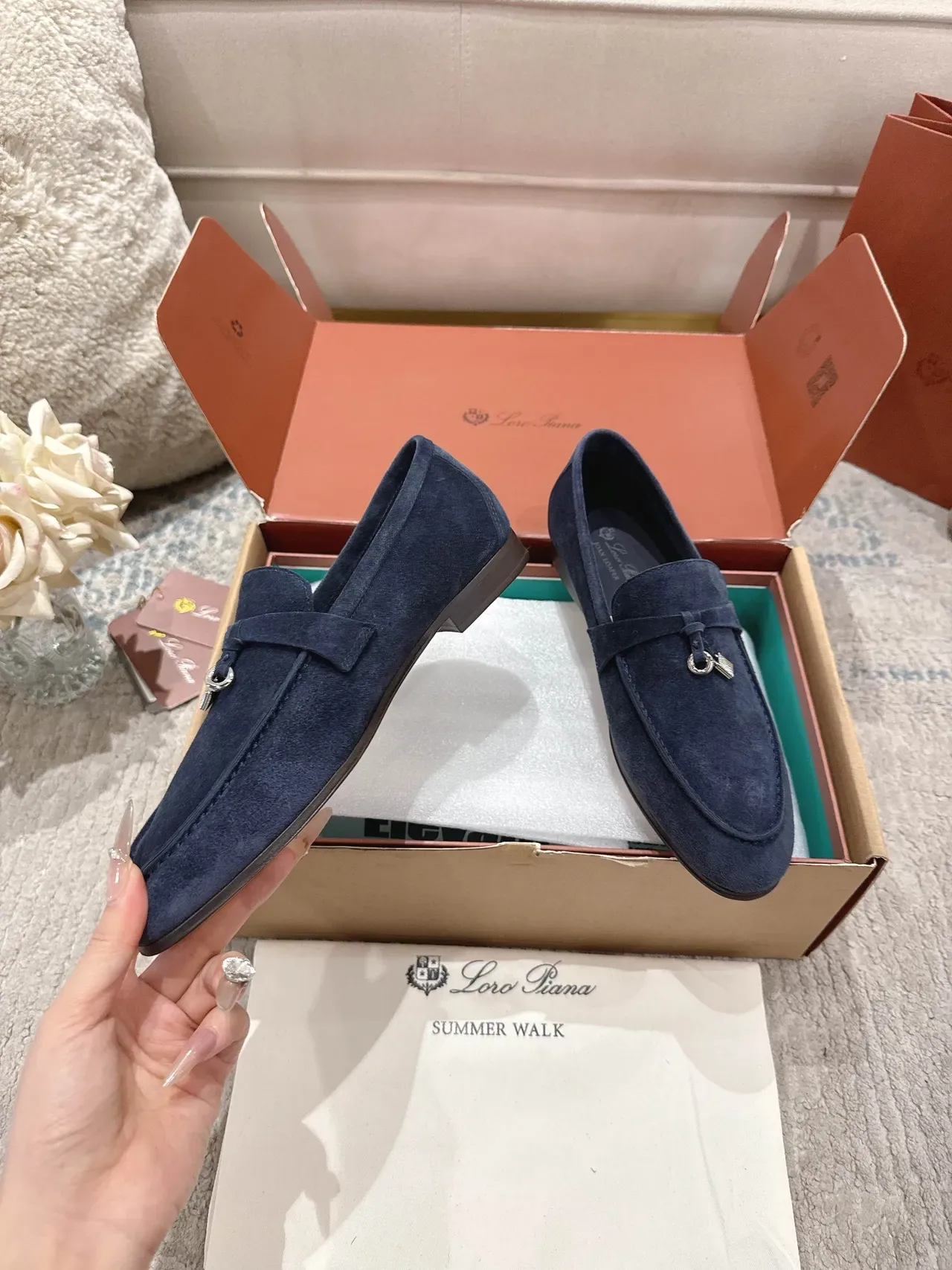Loro Piana Navy Silver Suede Metal Tassel Hardware Loafer 6