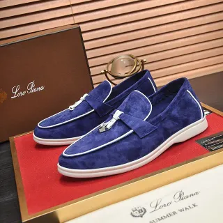Loro Piana Navy White Suede Piping Loafer