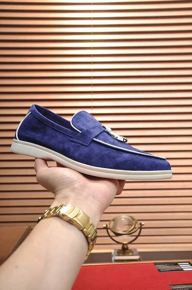 Loro Piana Mocassin daim blanc avec piping navy 7