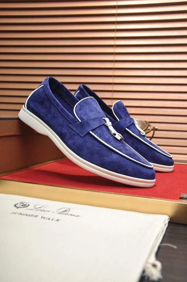 Loro Piana Mocassin daim blanc avec piping navy 8